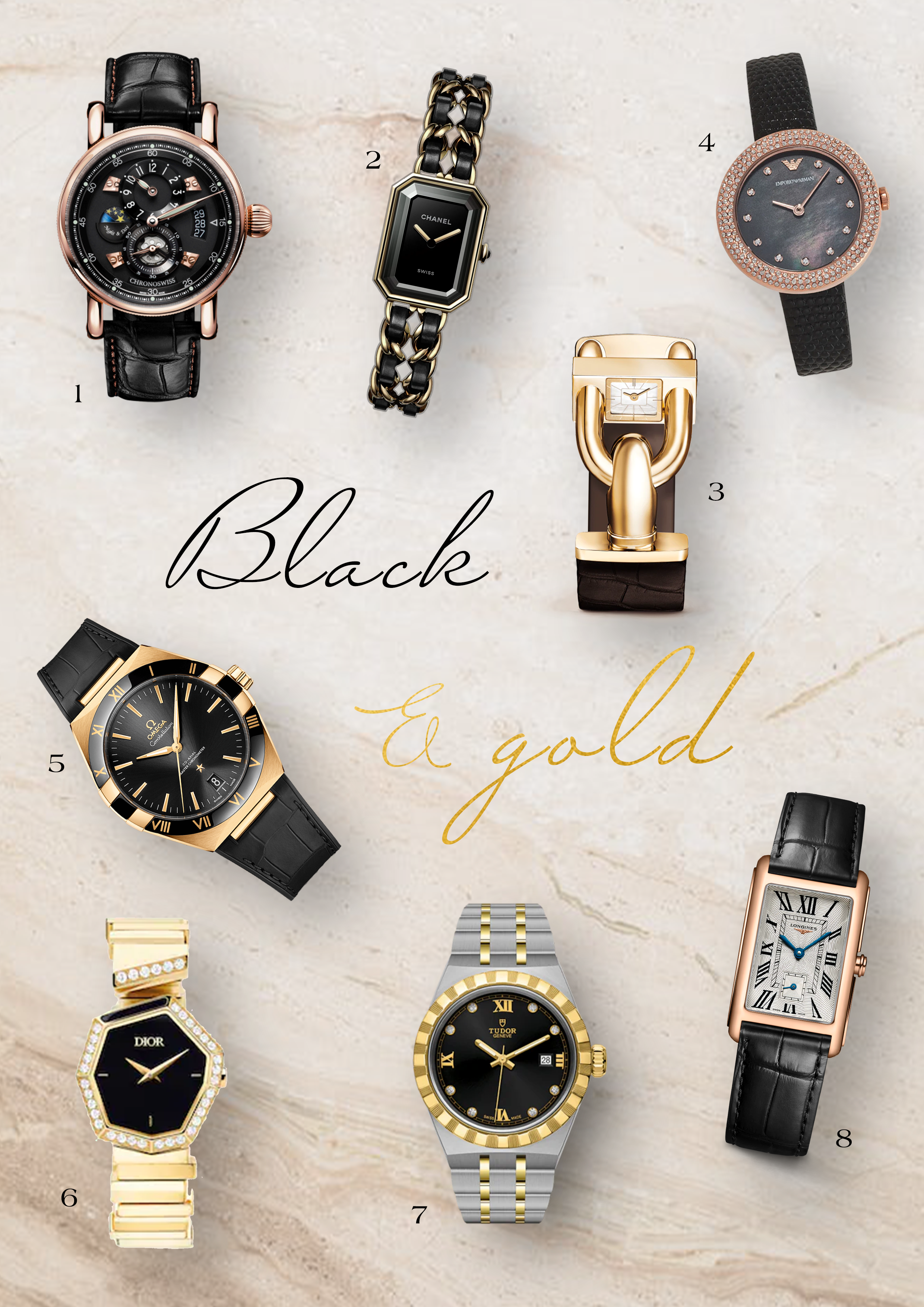 Montres noires et dorées sélection